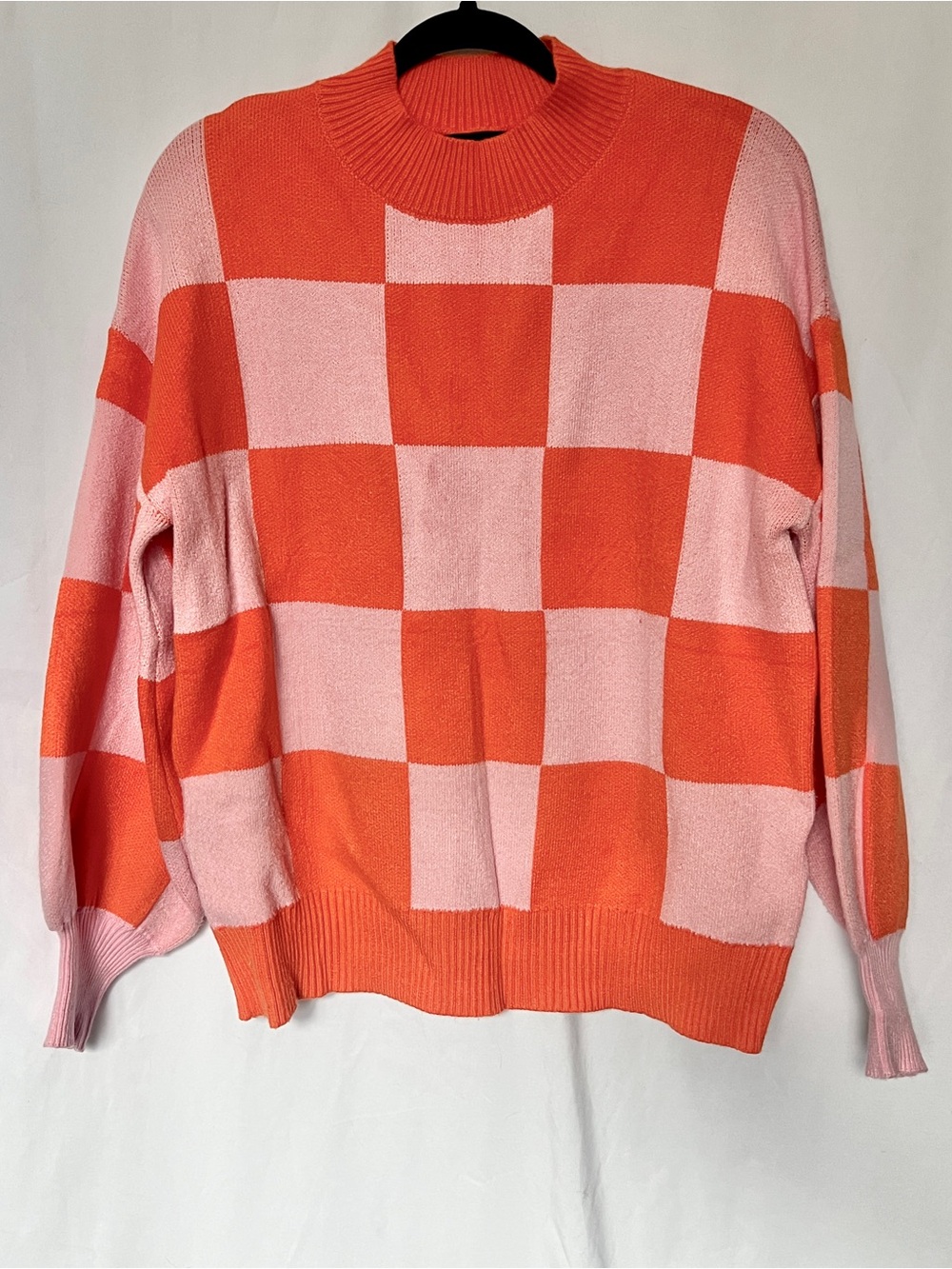 Checkerboard Crewneck Sweater in Pink & Orange